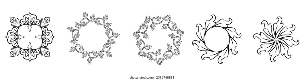 Baroque swirls floral ornamental circular frame element for related graphic design purpose.