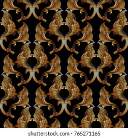 Baroque tapestry seamless pattern. Vector golden floral embroidery background. Grunge wallpaper fabric. Embroidered gold ornaments design in baroque style. Hatching antique autumn flowers, leaves
