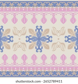 Textura barroca Boêmia Folclore Design clássico Scroll Ornamento Abstrato Florais Estilo Luxo Rosa de Ouro Azul no Fundo Bege. Delicado artesanato sem emenda borda bordado padrão papel de parede seda