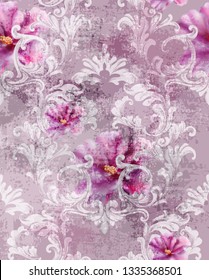 Baroque texture pattern with roses Vector. Floral ornament decoration. Victorian engraved retro design. Vintage fabric decors. Luxury fabrics