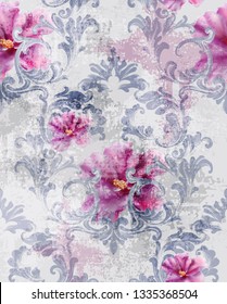 Baroque texture pattern with roses Vector. Floral ornament decoration. Victorian engraved retro design. Vintage fabric decors. Luxury fabrics