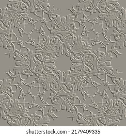 Baroque textured beige 3d seamless pattern. Damask floral embossed background. Relief antique baroque ornament in Victorian style. Emboss surface vintage flowers, scroll leaves. Grunge vector texture.