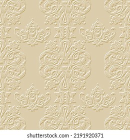 Baroque textured emboss 3d seamless pattern. Elegant ornamental surface background. Repeat relief vector backdrop. Floral ornaments with vintage embossed flowers, leaves in Baroque Victorian style.