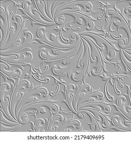 Baroque textured white 3d seamless pattern. Damask floral embossed background. Relief antique baroque ornament in Victorian style. Emboss surface vintage flowers, scroll leaves. Grunge vector texture.