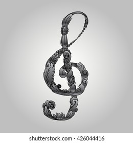 Baroque treble clef. Hand drawn vector stock illustration