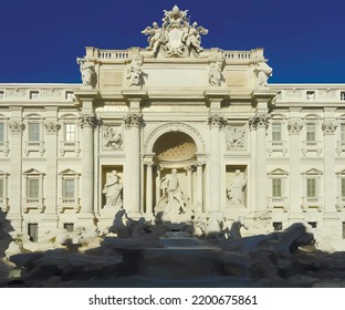 Baroque Trevi fountain in the center of Rome in a sunny day. Vector image