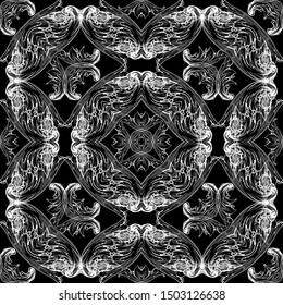 Baroque vector black and white seamless pattern. Ornamental floral elegant ornament. Repeat ornate backdrop. Vintage Damask symmetrical ornament in baroque Victorian style. Intricate flowers, leaves.