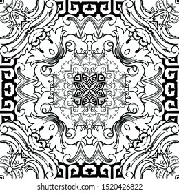 Baroque vector black and white seamless pattern. Greek key meanders ornament. Abstract floral Damask background. Vintage   Victorian style baroque patterns. Geometric shapes, borders, flowers, leaves.