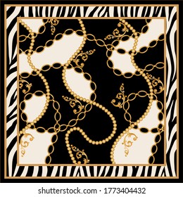 Baroque vector pattern background with golden chains,leaves,baroque elements.Vector patch for print,fabric,scarf design.