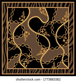 Baroque vector pattern background with golden chains,leaves,baroque elements.Vector patch for print,fabric,scarf design.