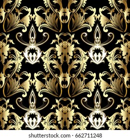 Baroque vector seamless pattern. Black floral damask background wallpaper illustration with black white gold vintage 3d  flowers, scroll swirl curve leaves and antique baroque royal pattern ornaments.