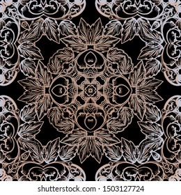 Baroque vector seamless pattern. Ornamental luxury floral ornament. Repeat ornate backdrop. Vintage Damask symmetrical ornament in baroque Victorian style. Surface texture. Textured flowers, leaves. 