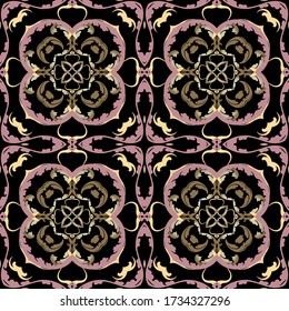 Baroque Vector Seamless Pattern. Ornamental Colorful Damask Background. Royal Victorian Style Baroque Ornaments. Repeat Patterned Backdrop. Vintage Flowers, Leaves, Lines, Beautiful Floral Design.