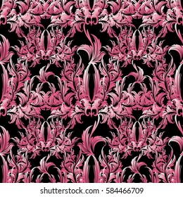 Baroque vector seamless pattern.Antique 3d pink damask ornaments. Luxury flourish black  background. Floral wallpaper with medieval scroll swirl leaves, flowers. Elegant texture for fabric, textile.