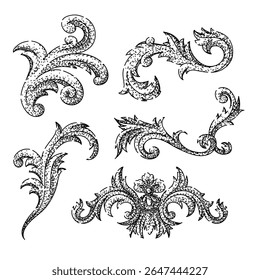 bordas vitorianas barrocas desenhadas à mão. folheto floral, rococó dourado, simetria opulento barroco borda vitoriana esboço vetorial. ilustração em preto isolado
