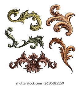 baroque victorian border set hand drawn. floral scrollwork, rococo gilded, symmetry opulent baroque victorian border vector sketch. isolated color illustration