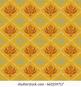Baroque vintage damask seamless pattern in yellow and orange colors. Luxury classic ornament, royal victorian texture for wallpapers, print, textile or fabric. Vector illustration.