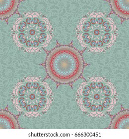 Baroque vintage damask seamless pattern in green and pink colors. Luxury classic ornament, royal victorian texture for wallpapers, print, textile or fabric. Vector illustration.