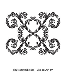 Baroque vintage element with arabesque and flourish motif. Sketch of ornate design element. Hand drawing vintage baroque style. Vector isolated engraving illustration. For decoration, print and design