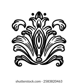 Baroque vintage element with arabesque and flourish motif. Sketch of ornate design element. Hand drawing vintage baroque style. Vector isolated engraving illustration. For decoration, print and design