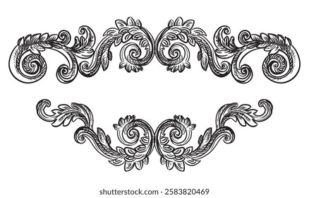 Baroque vintage element with arabesque and flourish motif. Sketch of ornate design element. Hand drawing vintage baroque style. Vector isolated engraving illustration. For decoration, print and design