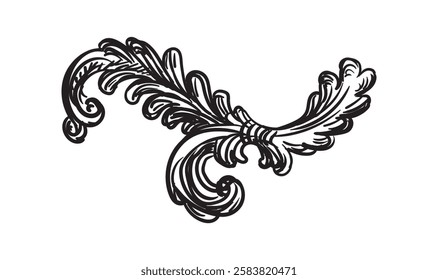 Baroque vintage element with arabesque and flourish motif. Sketch of ornate design element. Hand drawing vintage baroque style. Vector isolated engraving illustration. For decoration, print and design