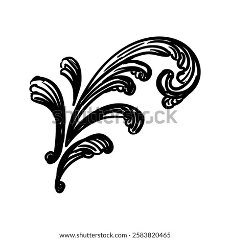Baroque vintage element with arabesque and flourish motif. Sketch of ornate design element. Hand drawing vintage baroque style. Vector isolated engraving illustration. For decoration, print and design