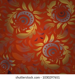 Baroque vintage floral damask seamless pattern in orange, brown and yellow colors. Luxury classic ornament, royal victorian texture for wallpapers, print, textile or fabric. Vector illustration.