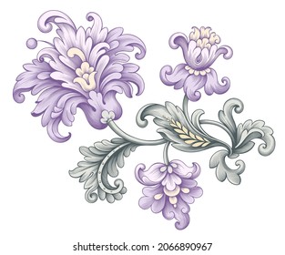 Baroque Vintage Floral Ornament Of Rose Peony Carnation Tulip Flowers. Pink Lilac Victorian Frame Border Swirl. Engraved Leaf Scroll Vector Retro Pattern. Filigree Design Of Decorative Tattoo