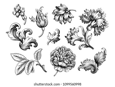 Baroque vintage floral set of rose peony carnation flowers. Black and white Victorian frame border ornament. Engraved leaf scroll vector retro pattern. Filigree design of decorative tattoo.