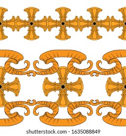 Baroque vintage seamless pattern. Gold volumetric crosses and ribbons on a white background. Pattern for different surfaces.