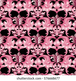 Baroque vintage seamless pattern wallpaper illustration with 3d pink  antique  scroll leaves  and damask ornaments. Luxury vector texture with shadows and highlights .Black floral  background.