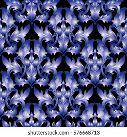 Baroque vintage seamless pattern wallpaper illustration with 3d blue  antique  scroll leaves  and damask ornaments. Luxury vector texture with shadows and highlights .Black floral  background.