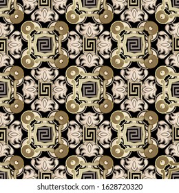 Baroque vintage vector seamless pattern. Greek floral ornamental background. Modern geometric repeat backdrop. Ornate Damask flowers, leaves. Greek key meanders ornament. Elegant decorative design.