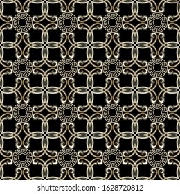 Baroque vintage vector seamless pattern. Greek arabic style ornamental background. Modern geometric repeat backdrop. Ornate Damask flowers, leaves. Greek key meanders ornament. Elegant floral design.