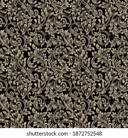 Baroque Wallpaper. Seamless Vector Background Of Ornate Decorative Leaves In Art Deco Style. Damask, Black Vintage Curls, Fabric, Packaging