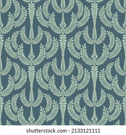 Baroque wallpaper. Seamless vector background with decorative leaves in art deco style. Damask on a blue background 