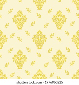 Baroque wallpaper. Seamless vector yellow background ornate art deco decorative leaves. Damascus