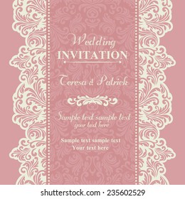 Baroque wedding invitation card in old-fashioned style, pink and beige