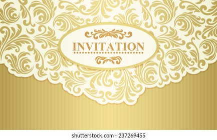 Baroque wedding invitation card in old-fashioned style, gold and beige