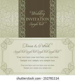 Baroque wedding invitation card in old-fashioned style, dull gold on beige background