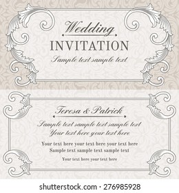 Baroque wedding invitation card in old-fashioned style, grey and beige