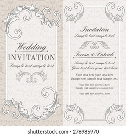 Baroque wedding invitation card in old-fashioned style, grey and beige