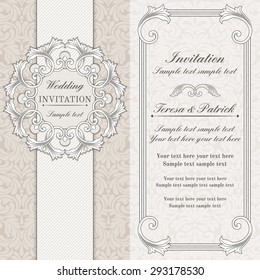 Baroque wedding invitation card in old-fashioned style, grey and beige