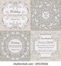 Baroque wedding invitation card set in old-fashioned style, grey and beige