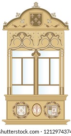 Baroque window of an important building in southern Europe with coat of arms as ornaments.
