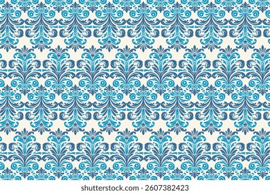 baroque-inspired seamless blue floral pattern with ornamental leaves and vines for trendy women’s wear and accessories

