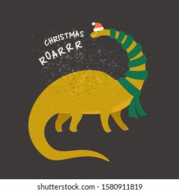 Barosaurus dressed as Santa Claus. Vector illustration of fun character in cartoon flat style.