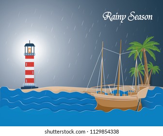 Barque in the blue sea and Lighthouse on the Island in the night,rainy season background,vector and illustration.