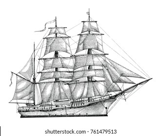 Barque hand drawing engraving style,Vintage barque isolate on white background